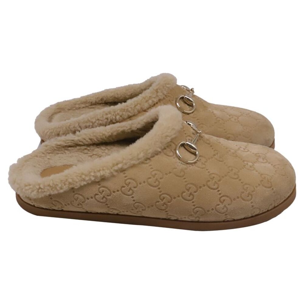Gucci Sol Horsebit Shearling Mules in Beige Suede